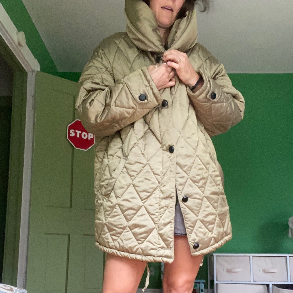 Vintage 90s Bill Blass olive metallic quilt oversized collared jacket puffer